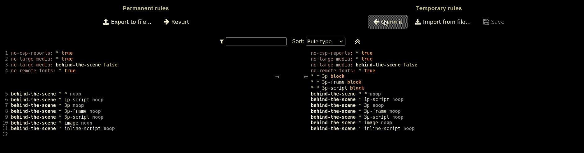 Rules pane